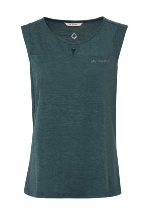Top sportivo verde scuro senza maniche con piccolo scollo a V sulla parte anteriore e logo Vaude sul petto.
