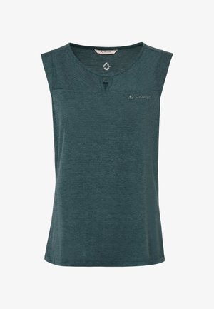 Dunkelgrünes ärmelloses Sporttop mit kleinem vorderem Ausschnitt und Vaude-Logo auf der Brust.