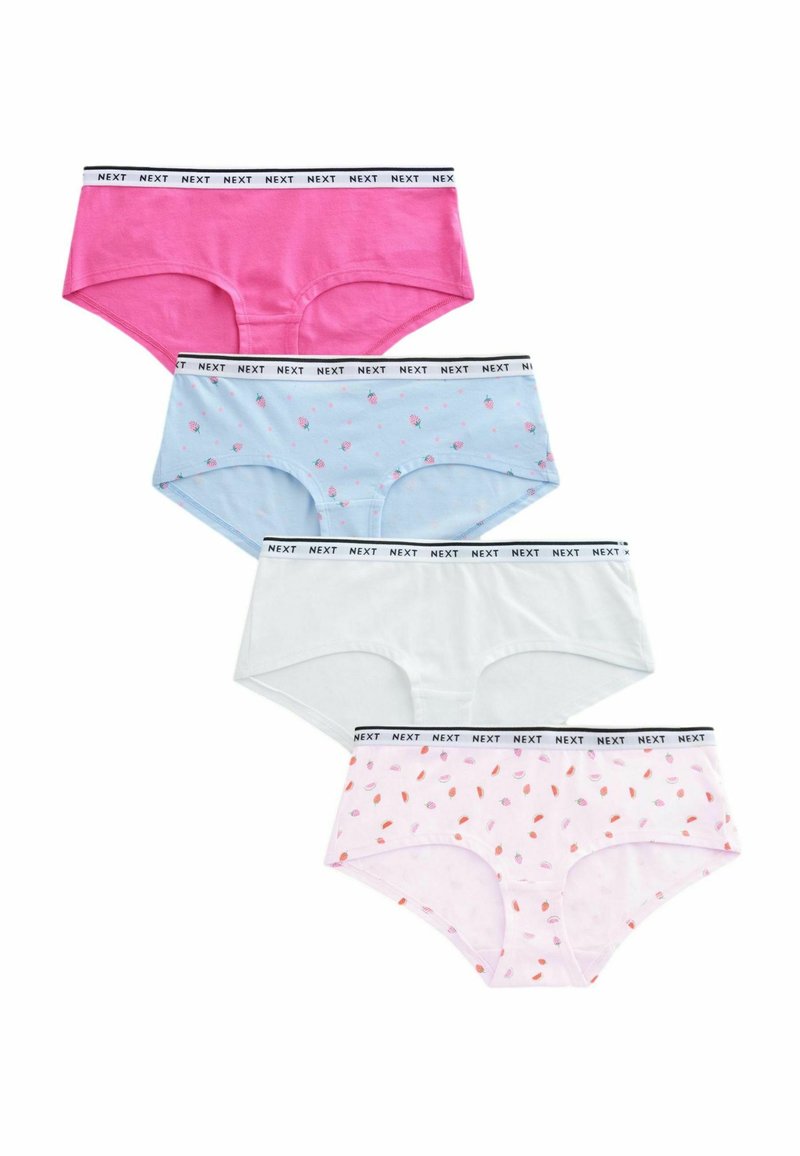 Vier paren katoenen damesonderbroeken in roze, lichtblauw met fruitpatroon, wit en roze met fruitpatroon; allemaal met een zwarte "NEXT" tailleband.