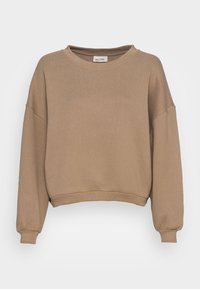 Pullover corto marrone realizzato in tessuto morbido, con colletto rotondo e maniche larghe con polsini a coste. Nessun motivo o dettaglio visibile.