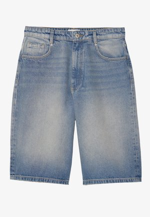 Blue denim shorts with a relaxed fit, light fading, five pockets, and a button closure. Cuffed hem and classic stitching details.