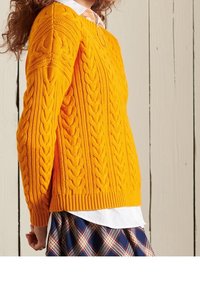 Hellbrauner Kabelstrickpullover mit geripptem Saum und Bündchen, über einem weißen Kragenhemd getragen, kombiniert mit einem karierten Rock.