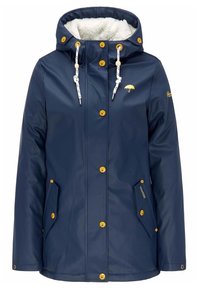 Tmavomodrá nepromokavá bunda s bílou umělou kožešinovou podšívkou, předními kapsami, zlatými knoflíky a kapucí se stahovací šňůrkou, s malým logem deštníku.