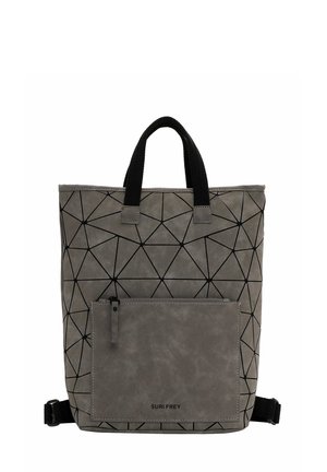 Gray backpack with geometric black pattern, featuring a front zip pocket and black handles. Made of textured material with adjustable straps.