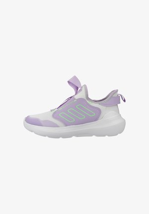 Purple and white athletic shoe featuring a mesh upper, elastic pull tab, and a cushioned white sole. Designed with reflective green accents.
