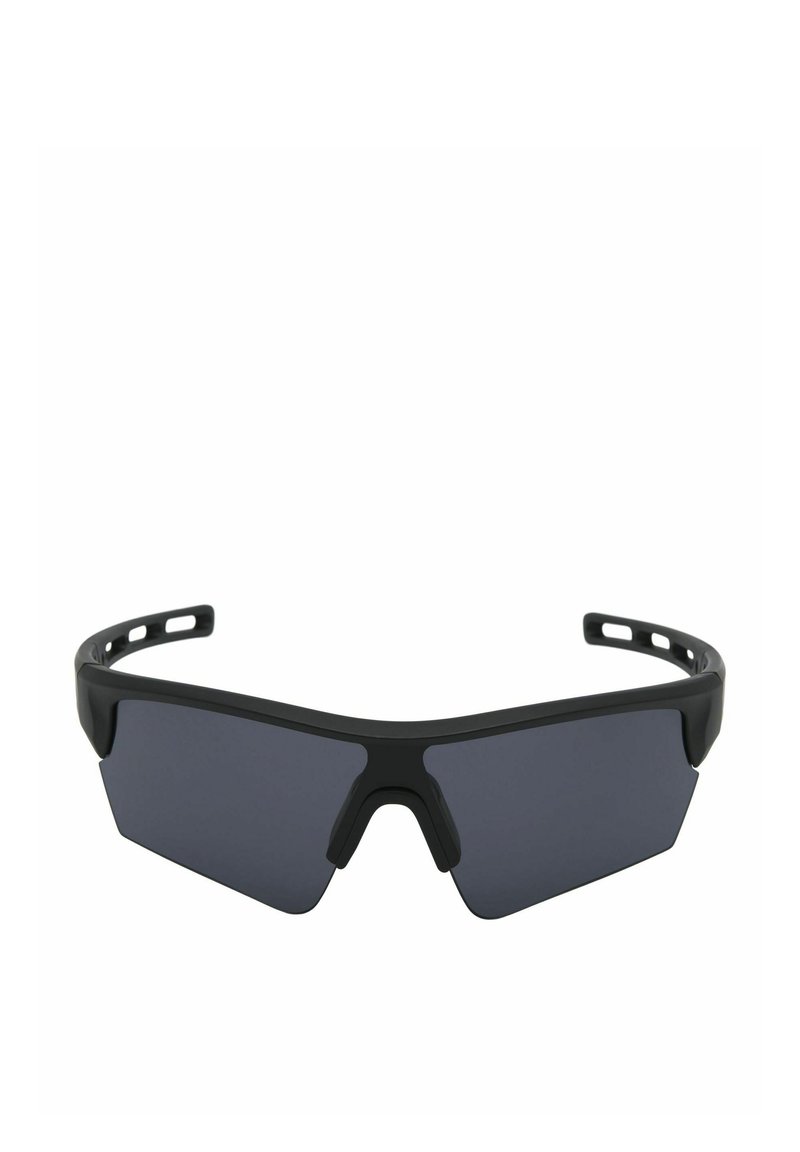 Schwarze Sportsonnenbrille mit kantigem Design, dunklen Gläsern und strukturiertem Rahmen. Verfügt über Aussparungen in den Bügeln zur Belüftung und für besseren Halt.