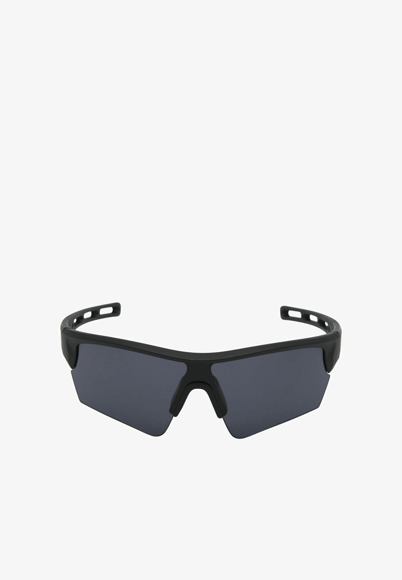 Schwarze Sportsonnenbrille mit kantigem Design, dunklen Gläsern und strukturiertem Rahmen. Verfügt über Aussparungen in den Bügeln zur Belüftung und für besseren Halt.