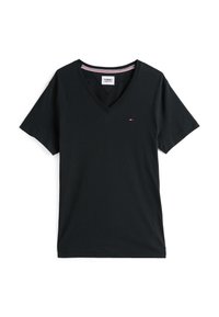 Black cotton t-shirt featuring a V-neck, short sleeves, and a small embroidered logo on the chest with a red and white accent stripe.