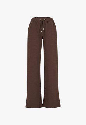 Braune, weit geschnittene Hose aus weichem Stoff, mit elastischem Bund und Kordelzug sowie Seitentaschen. Einfaches, lässiges Design.
