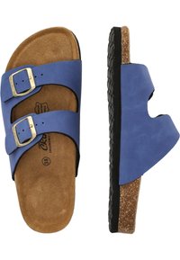 Blaue Ledersandalen mit zwei silbernen Schnallen, Korkfußbett und strukturiertem schwarzen Gummisohle. Ergonomisches Design mit offenem Zehen- und Fersenbereich.