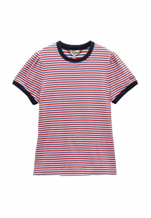 Short-sleeve cotton t-shirt with red, white, and blue horizontal stripes, navy blue collar and sleeve cuffs, small logo on sleeve.
