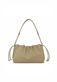 Borsa a mano in pelle beige con un design arricciato, tracolla a catena e dettagli con cordoncino sui lati. Texture liscia e forma morbida.