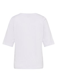 White cotton t-shirt, short sleeves, relaxed fit, rounded neckline, smooth texture, no patterns or embellishments.