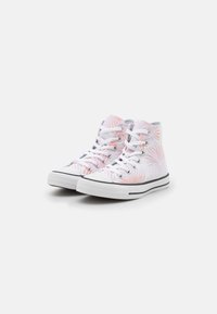 High-top sneakers with a white fabric upper featuring pink floral patterns, white laces, rubber toe caps, and a black stripe around the sole.