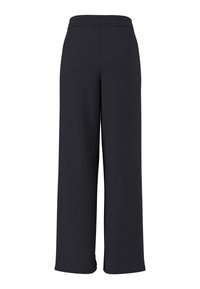 Czarne spodnie o szerokich nogawkach z prążkowaną fakturą i elastycznym paskiem w talii. Tkanina wydaje się miękka i przewiewna, odpowiednia na codzienne stylizacje.