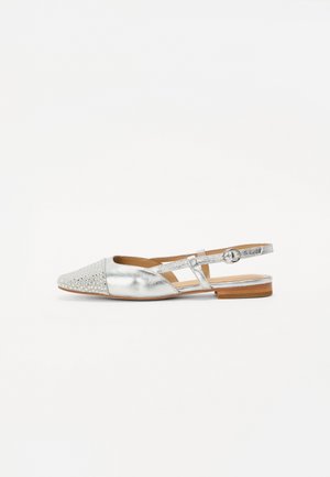 Silver slingback shoes with a pointed toe, featuring a textured front with studs and a flat wooden heel. Metallic finish and adjustable strap.