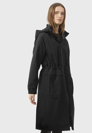 Black long jacket with a hood, featuring an adjustable drawstring waist, two front pockets, and a smooth textured fabric.