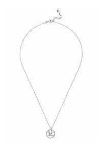 Hopeaketju, jossa on pyöreä riipus, jossa on rauhan symboli ja lehtikoristelu, korostettuna kirkkailla kristalleilla.