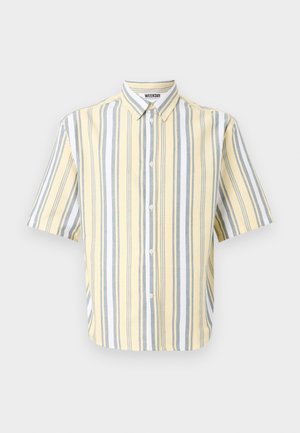 Short-sleeve shirt in yellow with vertical gray and white stripes, featuring a button-down collar and front button closure.