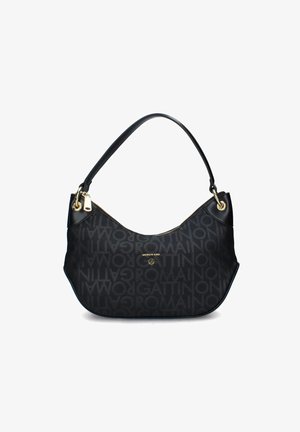 Borsa a spalla nera con un tessuto liscio e testurizzato caratterizzato da un motivo in rilievo del logo. Dettagli in hardware dorato e una silhouette curva con chiusura a zip.