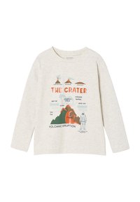 Light grey long-sleeve t-shirt with a volcanic eruption graphic, featuring earth tones and text. Cotton material, relaxed fit, crew neckline.
