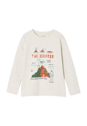 Hellgraues Longsleeve-T-Shirt mit Grafik eines Vulkanausbruchs, versehen mit Erdtönen und Text. Aus Baumwolle, lockere Passform, Rundhalsausschnitt.