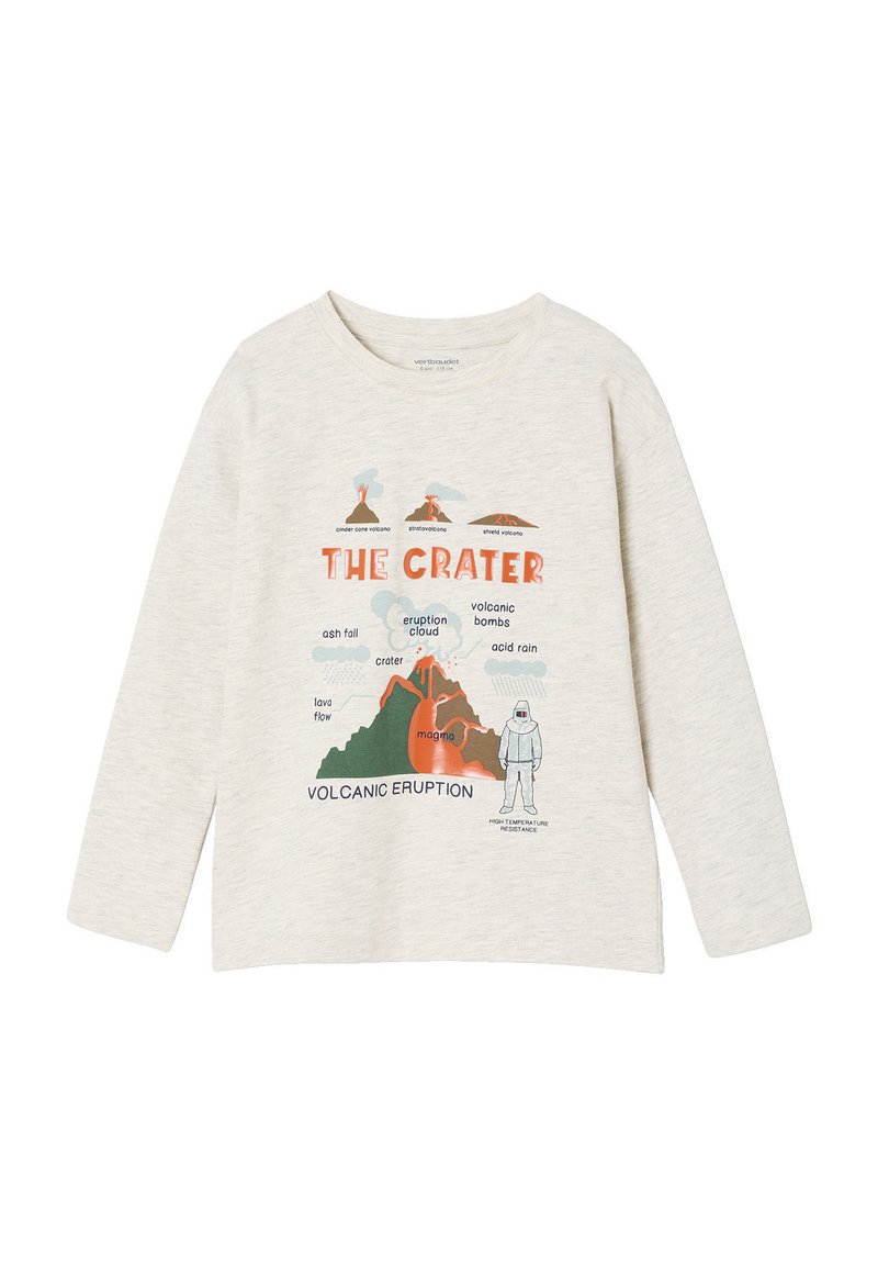Light grey long-sleeve t-shirt with a volcanic eruption graphic, featuring earth tones and text. Cotton material, relaxed fit, crew neckline.