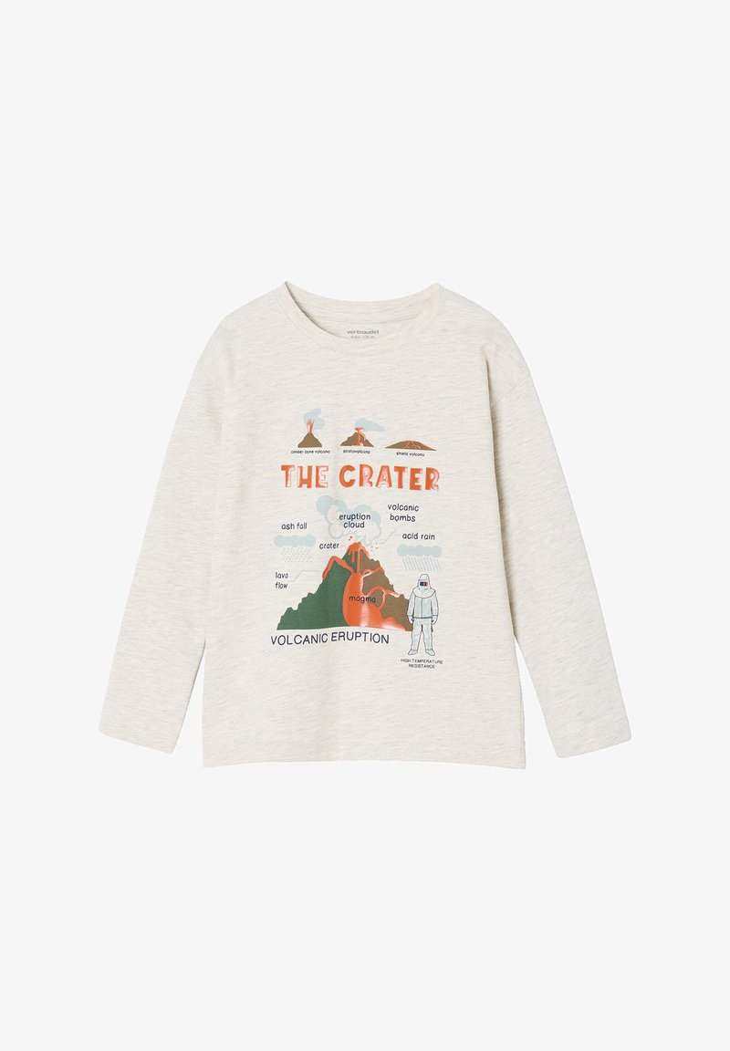 Hellgraues Longsleeve-T-Shirt mit Grafik eines Vulkanausbruchs, versehen mit Erdtönen und Text. Aus Baumwolle, lockere Passform, Rundhalsausschnitt.