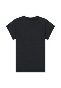 Schwarzes, kurzärmeliges Baumwoll-T-Shirt, Rückansicht, mit Rundhalsausschnitt und normaler Passform.