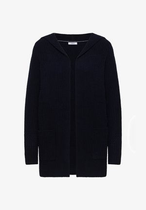 Cardigan en tricot bleu marine avec capuche, à ouverture devant et deux poches avant. Texture côtelée et manches longues. Design doux et décontracté.