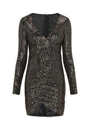 Czarna sukienka z cekinami, z długimi rękawami, dekoltem w kształcie litery V, marszczonym wzorem i owijanym dołem, z odblaskowymi cekinami ułożonymi w pionowe linie.