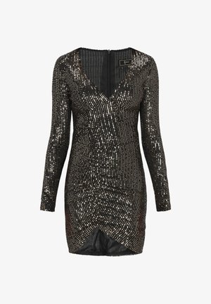 Czarna sukienka z cekinami, z długimi rękawami, dekoltem w kształcie litery V, marszczonym wzorem i owijanym dołem, z odblaskowymi cekinami ułożonymi w pionowe linie.