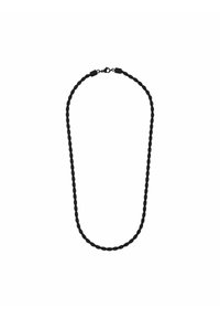 Svart flätad snörehalsband med en slät yta, med en metallspänne. Designen är cirkulär och enkel, vilket gör den lämplig för olika stilar.