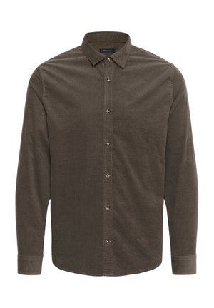 Brown button-up shirt made of soft fabric. Features a classic collar, long sleeves, and six buttons down the front. Simple design, no patterns.
