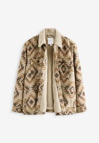 Veste à motifs marron et beige avec doublure et col en sherpa, dotée de deux poches poitrine et d'une fermeture à boutons.