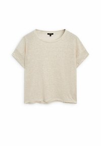 T-shirt beige con maniche corte e scollatura rotonda, caratterizzato da una vestibilità rilassata e un tessuto morbido e testurizzato. Orlo leggermente curvato nella parte inferiore.