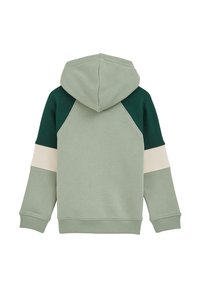 Kapuca majica v potlačeni zeleni barvi z temnozelenimi poudarki in svetlo smetanasto črto. Ima mehko teksturo in rebraste manšete.