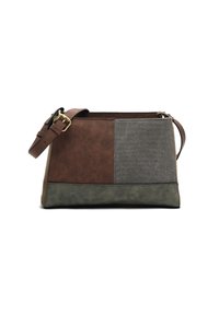 Borsa multistrato marrone, grigia e verde con un design strutturato, caratterizzata da pannelli in pelle e tessuto e una tracolla regolabile.