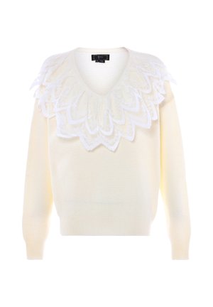 Maglione lavorato a maglia color crema con scollo a V, caratterizzato da un colletto in pizzo a strati e maniche lunghe. Tessuto texturizzato con polsini e orlo a coste.