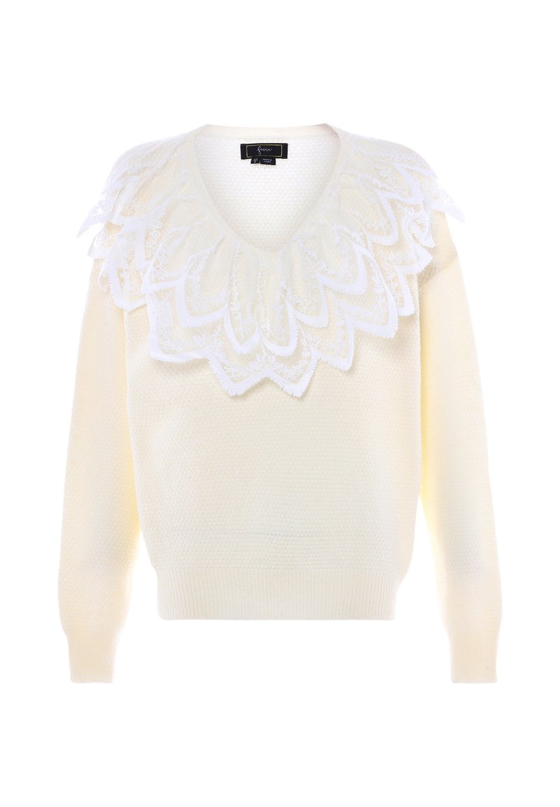 Maglione lavorato a maglia color crema con scollo a V, caratterizzato da un colletto in pizzo a strati e maniche lunghe. Tessuto texturizzato con polsini e orlo a coste.