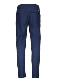 Mörkblå linbyxor i slim fit med två bakfickor och en slät yta. En nedtonad design utan mönster eller detaljer.