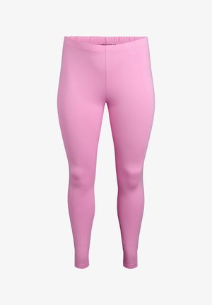 Pink leggings made of stretchy fabric, featuring a high elastic waistband, slim fit, and smooth texture with no visible patterns or accents.