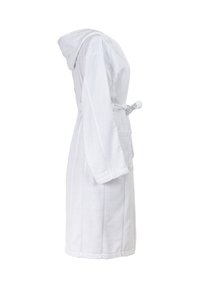White terry cloth bathrobe with a hood, featuring long sleeves, a tie belt, and vertical stitch detailing. Soft texture and knee-length design.