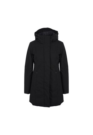 Giacca nera di lunghezza al ginocchio con cappuccio, dotata di zip frontale, due tasche laterali e una texture liscia. Progettata per calore e comfort.