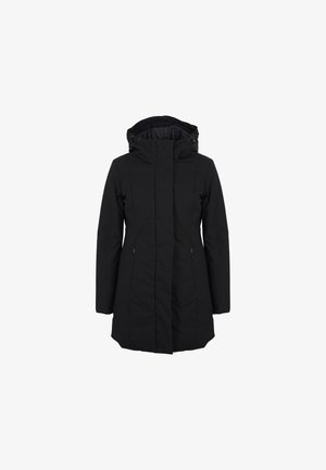 Zwarte, knielange jas met capuchon, voorzien van een ritssluiting aan de voorkant, twee zijzakken en een gladde textuur. Ontworpen voor warmte en comfort.