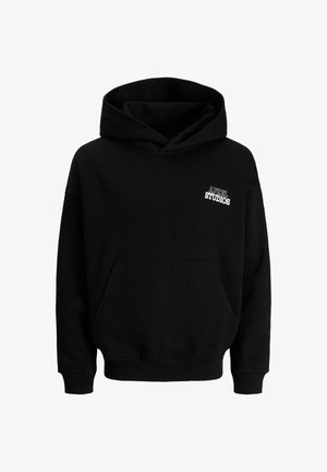 Czarna bluza z kapturem wykonana z mieszanki bawełny, z kieszenią kangurzą, długimi rękawami i haftowanym logo na klatce piersiowej w kolorze białym.