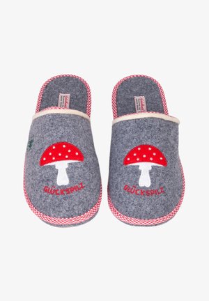 Gray felt slippers with red gingham accents, featuring a red mushroom design and "GLÜCKSPILZ" in embroidered text on each shoe.