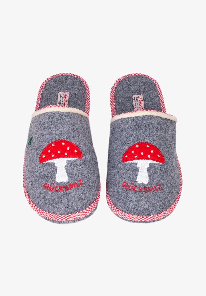 Gray felt slippers with red gingham accents, featuring a red mushroom design and "GLÜCKSPILZ" in embroidered text on each shoe.