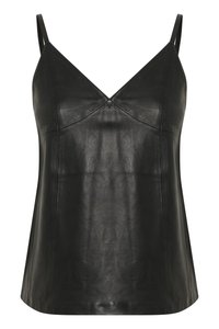 Camisole in pelle nera con scollo a V e spalline sottili, con una texture liscia e una forma aderente.