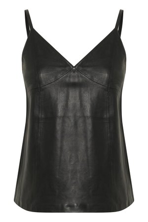 Camisole en cuir noir avec un décolleté en V et des fines bretelles, offrant une texture lisse et une coupe ajustée.